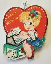 GIRL w/ TYPEWRITER, JUST MY TYPE, HEART * Glitter VALENTINE ORNAMENT *  Vtg Img