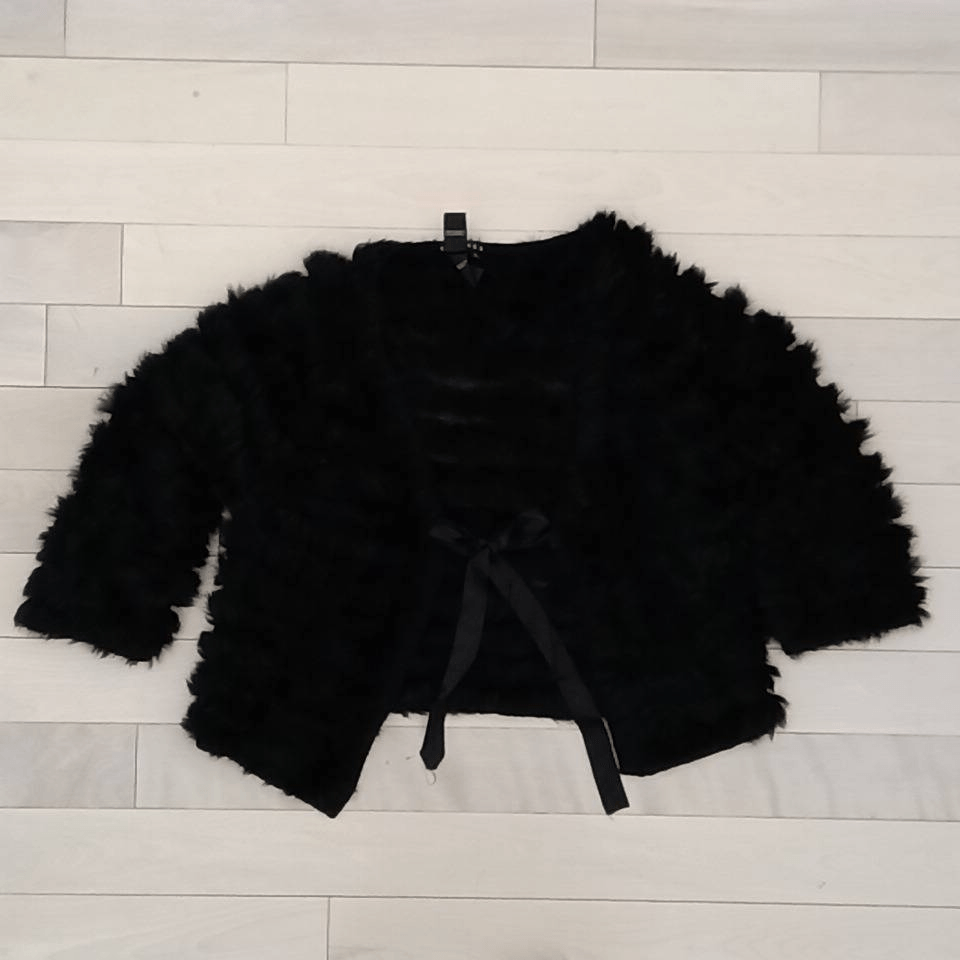 Spanner Women's Tiered Shaggy Fur Cropped Tie Front Jacket Black Large