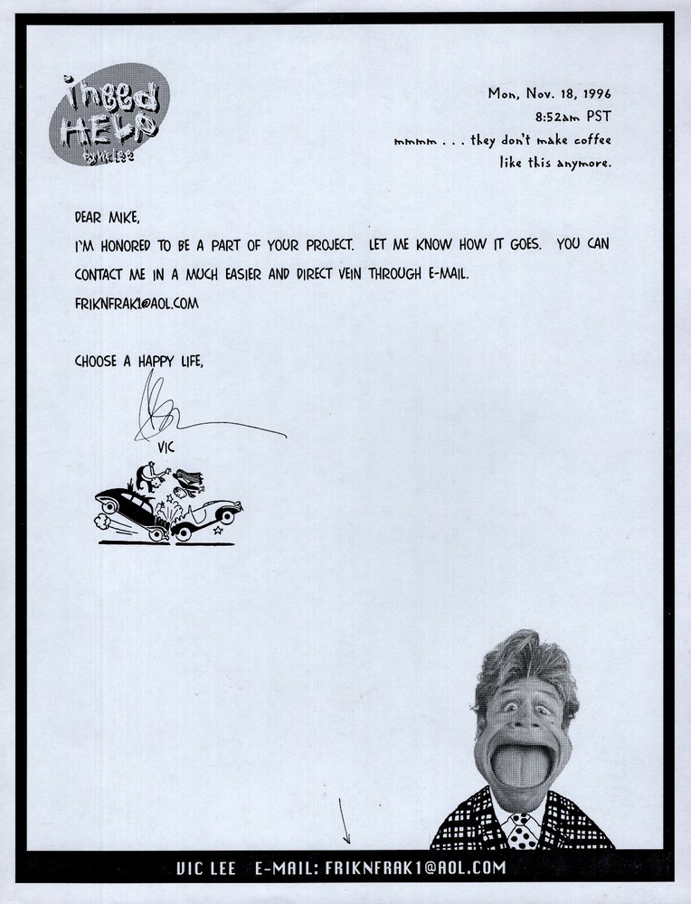 VIC LEE HAND SIGNED 8x11 TYPED LETTER+COA       GREAT CARTOONIST    I NEED HELP