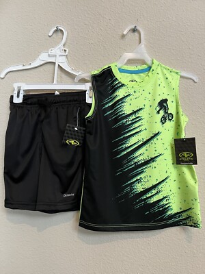 Athletic Works Neon Green Graphic Tank Top With Black Shorts for Boys Summer