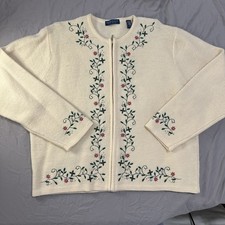 Karen Scott Pure Wool Sweater Zipper Cardigan Christmas Holly Beading Large