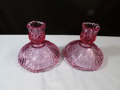 Pair of Fenton Pink Glass Beauty Pattern Candle Holders 3 5/8" Tall