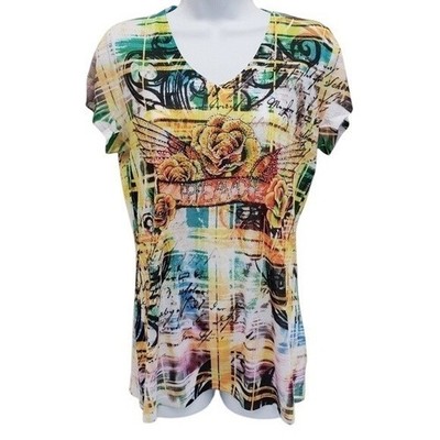 B.L.E.U. Womens V-neck Embellished Peace Top Bleu Size Small