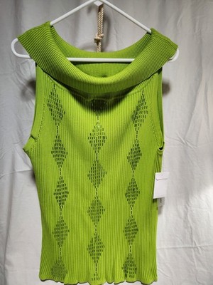 Marisa Christina Woman's size 2X Beaded Sleeveless Sweater Lime Green Cowl Neck