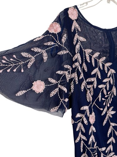 Adrianna Papell Kleid Damen Größe 16 Blau Rosa Blumen Perlen Pailletten Transparent - Bild 2 von 12