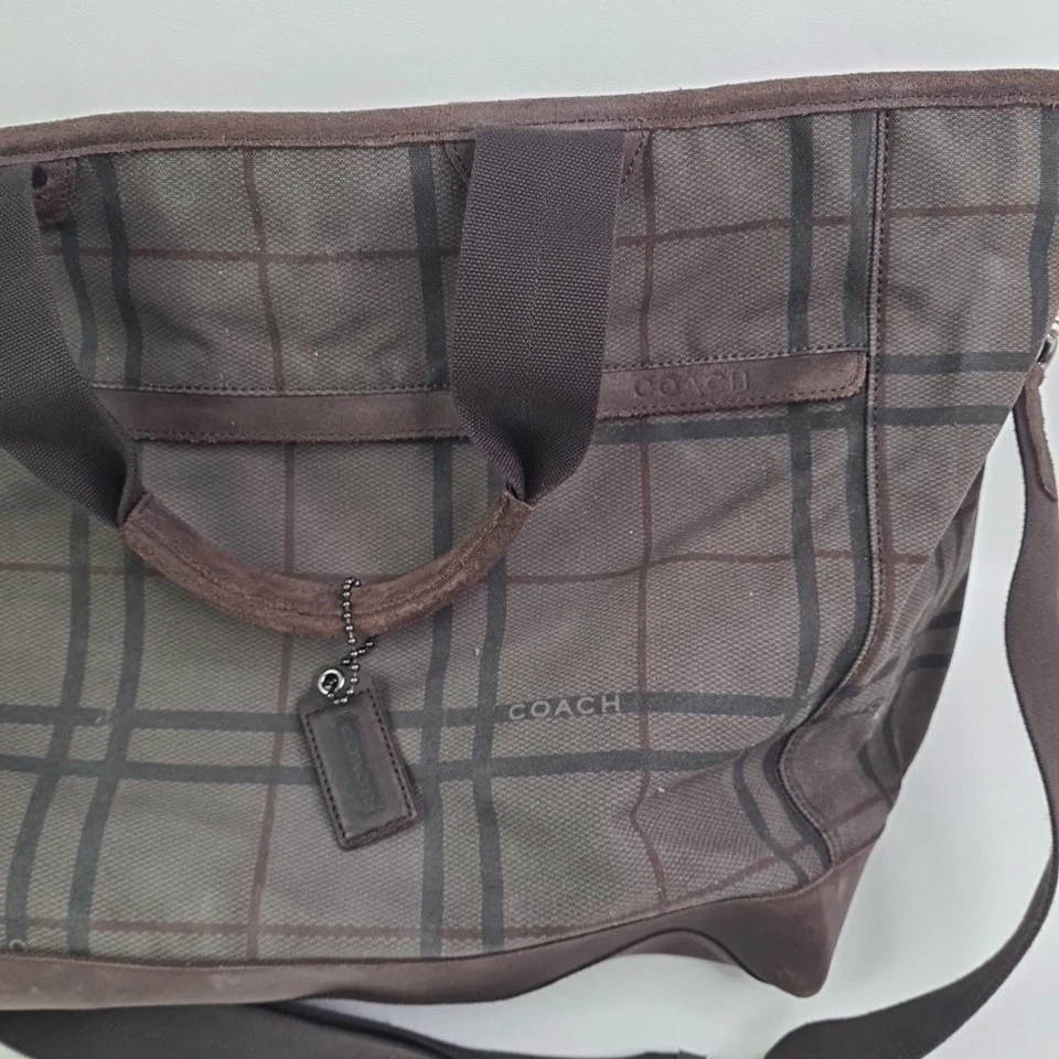 Coach Camden Tattersall Plaid Canvas Tote Bag Weekend Travel Shoulder Brown - Image 3 of 4