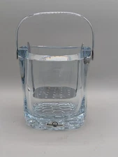Signed Vtg Swedish Strombergshyttan Thick Glass Ice Bucket w/Chrome Strainer