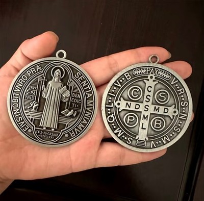 TWO (2) Large St BENEDICT Medals 3  Protection Antique Silver Medalla San Benito