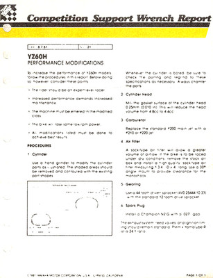 Genuine Yamaha Service Technical Bulletin 1981 YZ60 Performance Modifications