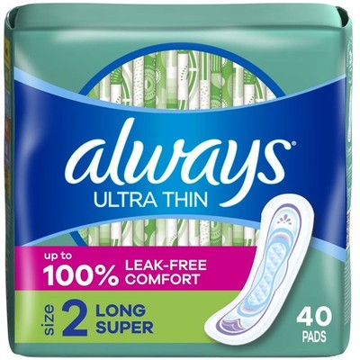 Always Ultra Thin Pads Without Wings, Size 2, Long Super Absorbency, 40 Count