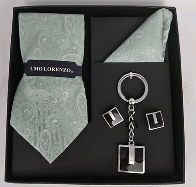 Umo Lorenzo Tie Set Green Pocket Square Cuff Links Key Chain New In Box 5 Pcs