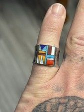 STERLING SILVER NATIVE AMERICAN MULTI STONE INLAID WIDE BAND RING SZ 8 .925