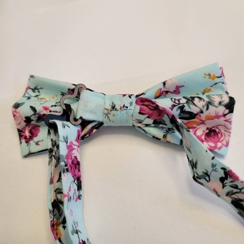 FLOWER FLORAL PRINT ADJUSTABLE BOW TIE PRE-TIED BLUE ROSES BUDS - Picture 5 of 7