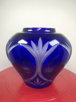 Vintage Cobalt Blue Glass  Urn with White Itched Cut Design Signed Bogati