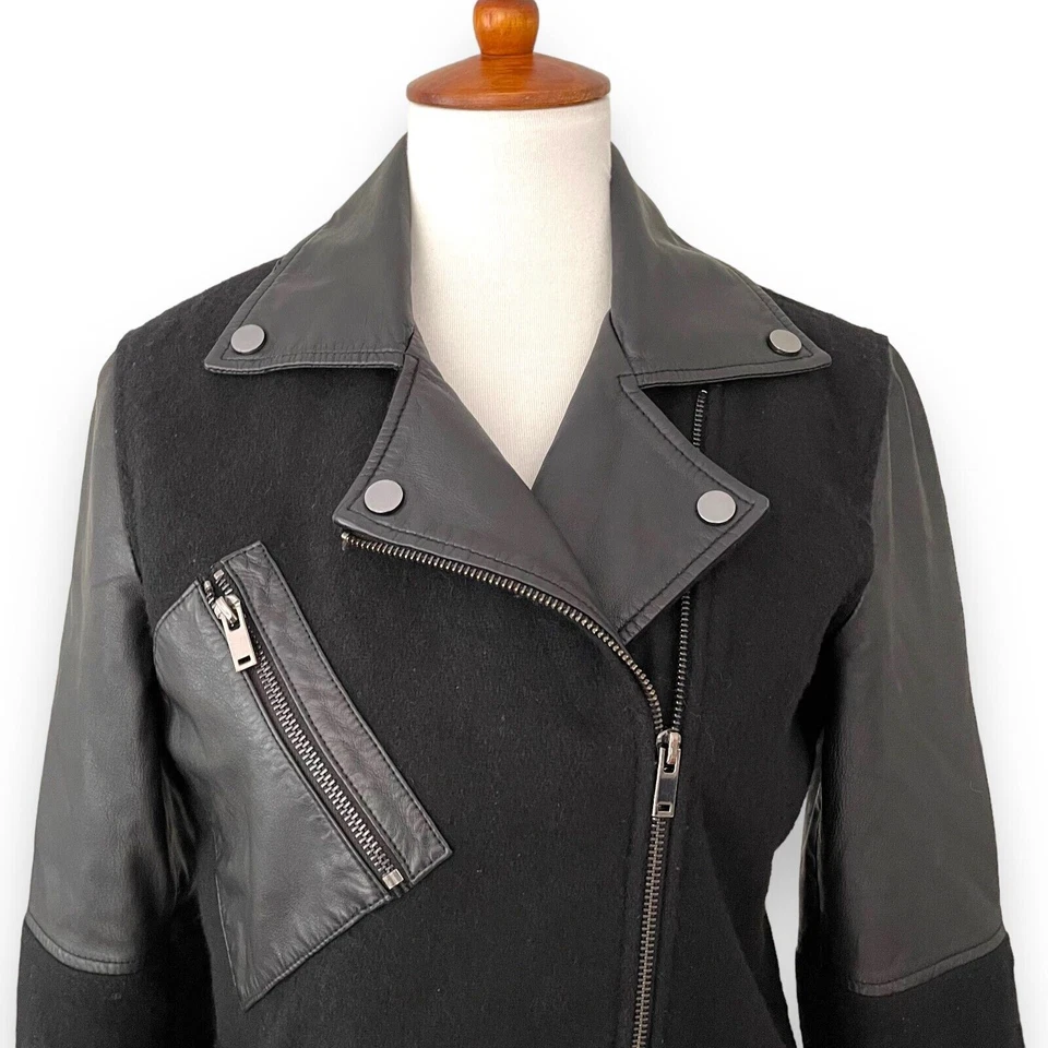 Chaqueta de motociclista de cuero y lana negra de pizarra y sauce para mujer talla mediana Foto 4 de 4