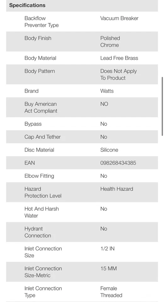 Watts 0792052 1/2" LF288AC (Anti-Siphon-Vacuum Breaker-Backflow Preventer)CHROME - Image 3 of 4