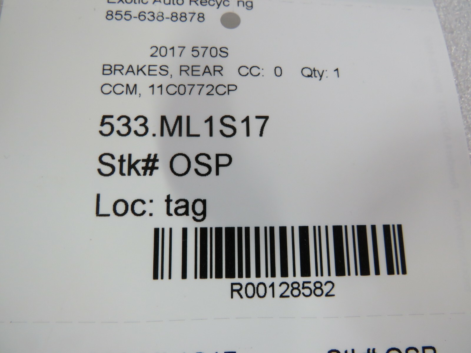 McLaren 570S, Rear Brake Rotor, CCM, Used, P/N 11C0772CP