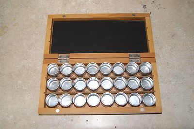  WOODEN BOX WITH 24 ALUMINIUM TINS STORAGE NEW WATCH & HOBBY