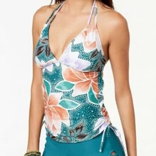 Hula Honey Junior Medium Green Floral Halter Strappy Tankini Swimsuit TOP NWT M