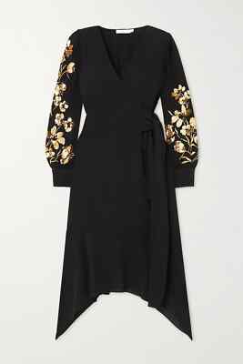 $698 NEW w Tag Tory Burch EMBROIDERED WRAP DRESS Asymmetric Black Gold  Sequins 4 | eBay