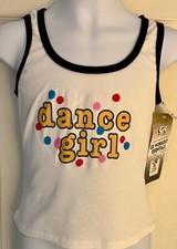GK FUN TANK PJ TOP GIRLS SMALL  DANCE GIRL  WHITE COTTON RIBBED BLACK TRIM SZ S