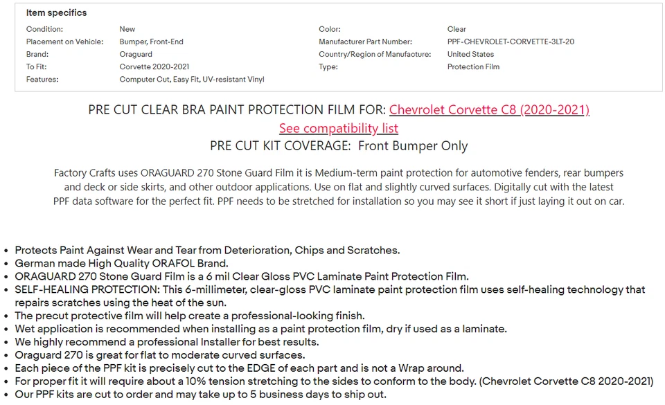 Stone Guard Paint Protection Film Clear Bra PPF For Corvette C8 20-21 Bumper - Image 4 of 4