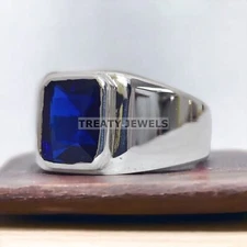 Blue Sapphire Emerald Cut Gemstone With 925 Sterling Silver Ring For Men's #306