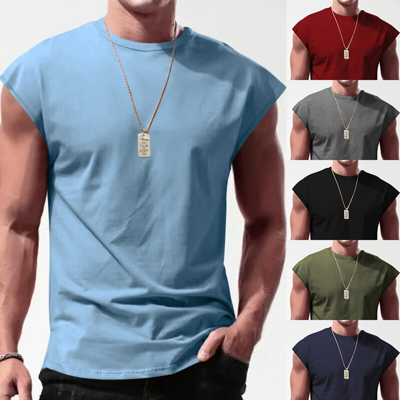 Mens Fashion Sleeveless T-Shirt Solid Color Round Neck Vest Muscle Tank Tops Ⓡ