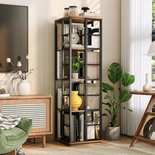 4-Tier Rotating Bookcase Tower, 360° Spinning Bookshelf w/ Rails for Living Room