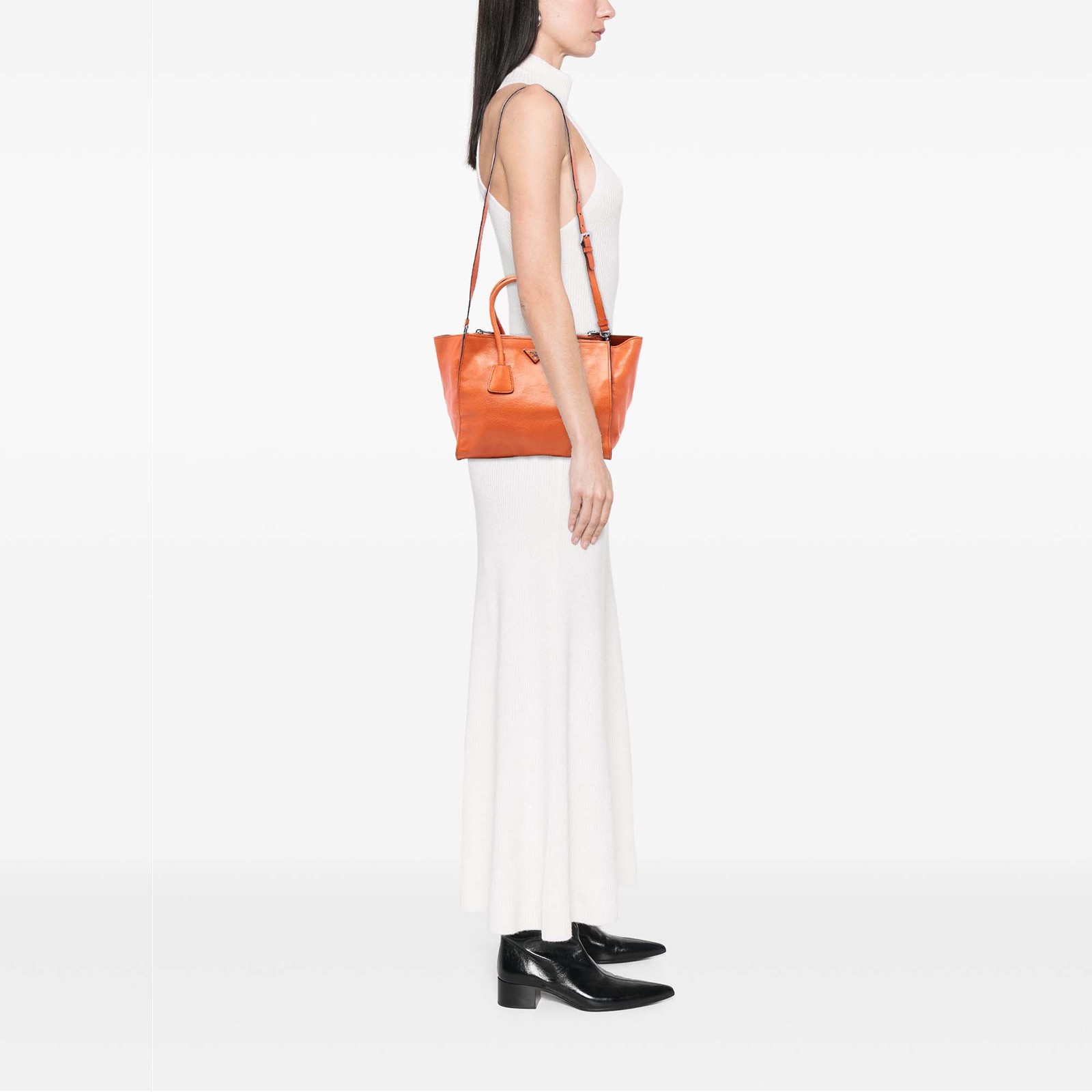 Authenticated Prada Glace Calf Twin Pocket Orange Leather Satchel thumbnail 6