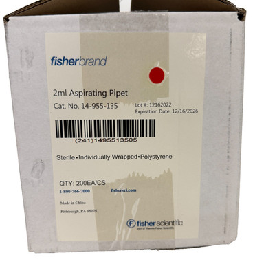 Fisherbrand 14-955-135 2mL Aspirating Pipettes Polystyrene Sterile 2026, 200 Pcs