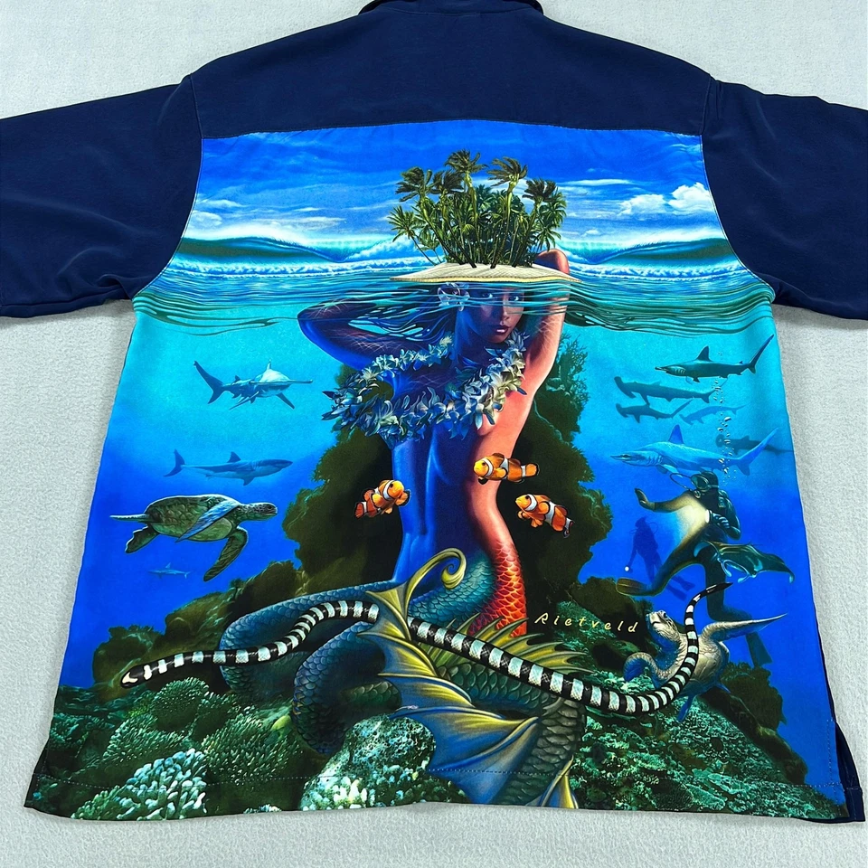 Rietveld Hawaiian Shirt Mens XL Blue Mermaid Island Underwater Graphic USA Ocean - Image 2 of 4