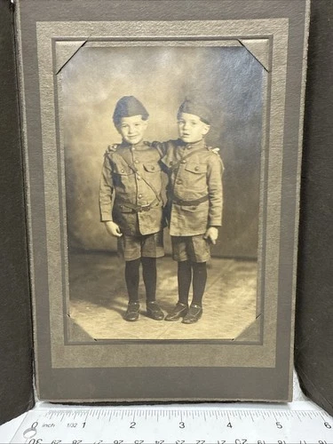 Vintage Portrait Photo Young Boys Brothers in Military Style Uniforms WWI Rare