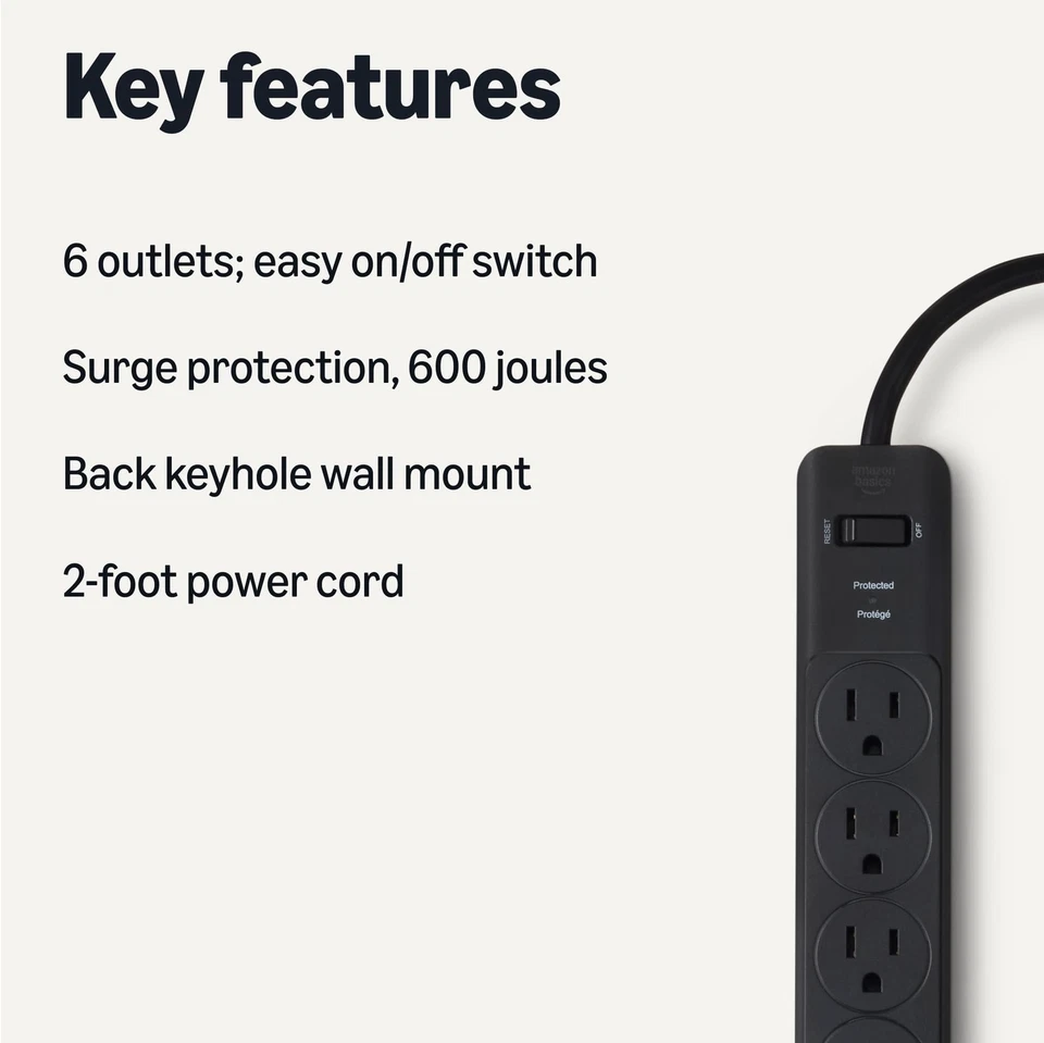 AMAZON BASICS 6-OUTLET 600 JOULE SURGE PROTECTOR POWER STRIP 2FT BLACK 2-PACK - Image 2 of 4