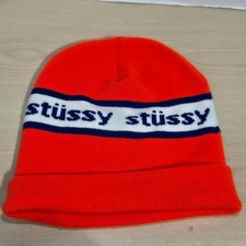 Stussy Beanie Orange White Blue Logo Knit Cap Made in USA