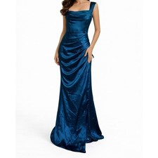 LULUS Teal Satin Corset Maxi Dress Draped Formal Gown Side Ruched Size M NWT