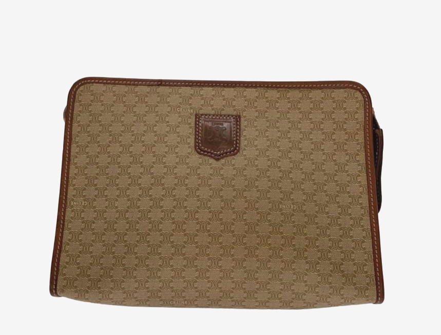 CELINE Macadam Triomphe Clutch Bag Beige PVC Leather Vintage Authentic S0004