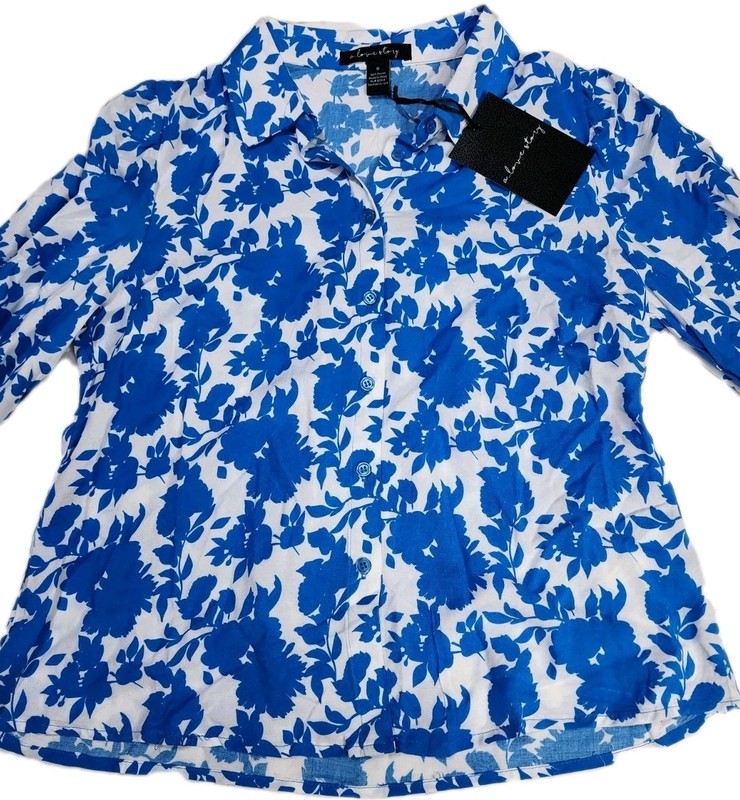 A Love Story Top Women’s Dance Floral Button Up Blouse Blue  Puff Smocked Slv