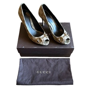 Escarpins Gucci GG monogramme toile bout ouvert Horsebit beige marron EU 37,5 US 7,5