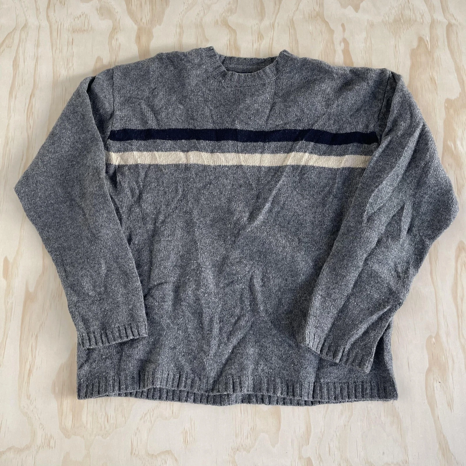 Y2K American Eagle Lambs Wool Sweater Mens Large Gray Striped Crewneck Pullover