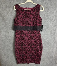 NEW Jax Dress Women's 8 Wine Black Flocked Floral Sheath Lace Trim Sleeveless