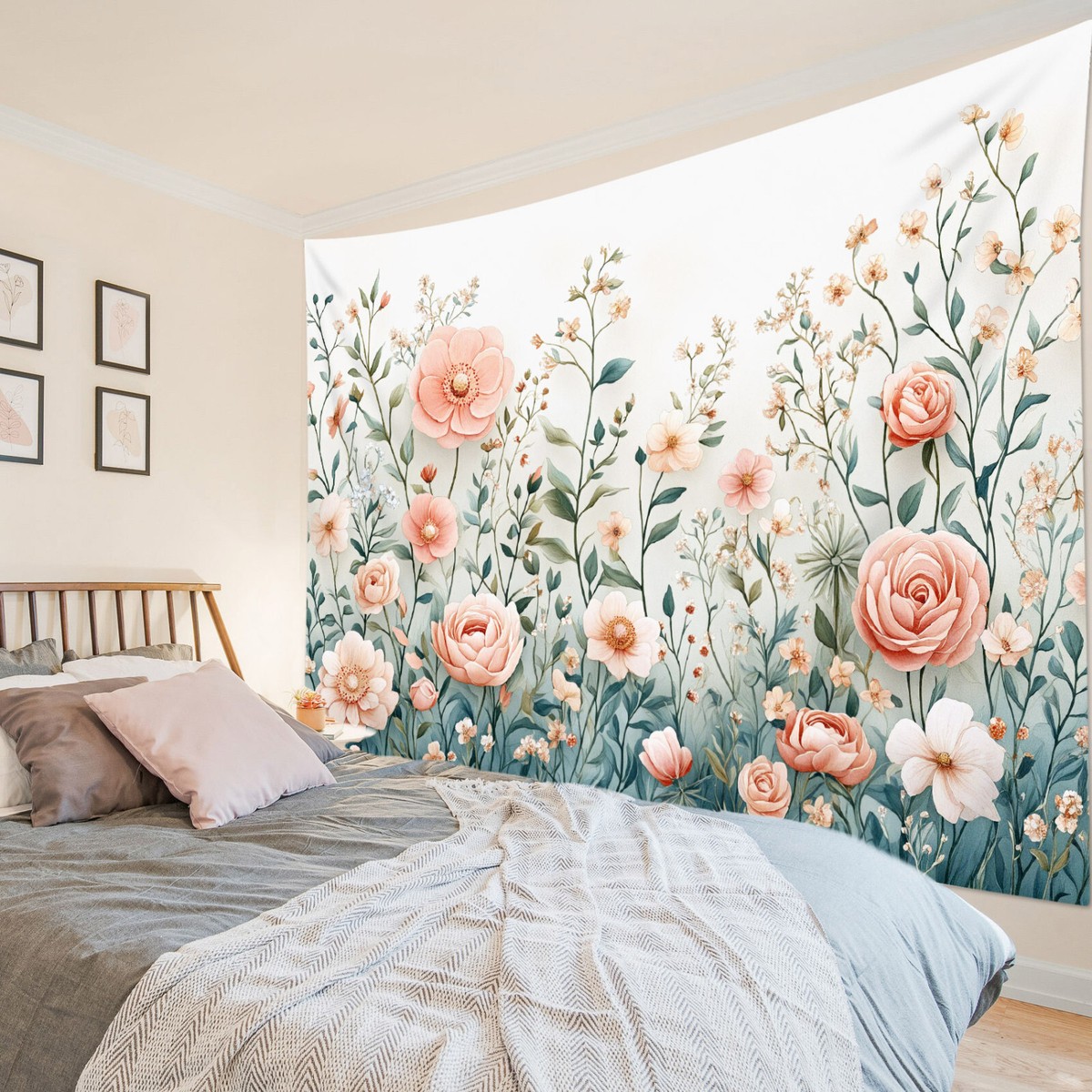 Plant Green Leaf Pink and Blue Floral Tapestry for Bedroom Living Room Dorm