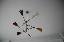 STILNOVO, lustre suspension plafonnier à 5 bras, abat-jours en métal polychrome