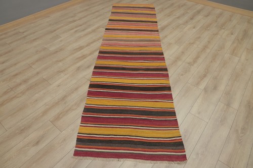 Tribal Striped Hand Knotted Kilim Runner Rug Cappadocia Vintage Carpet 3x11ft