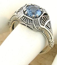 DECO ANTIQUE STYLE 925 STERLING SILVER SIMULATED AQUAMARINE FILIGREE RING 913