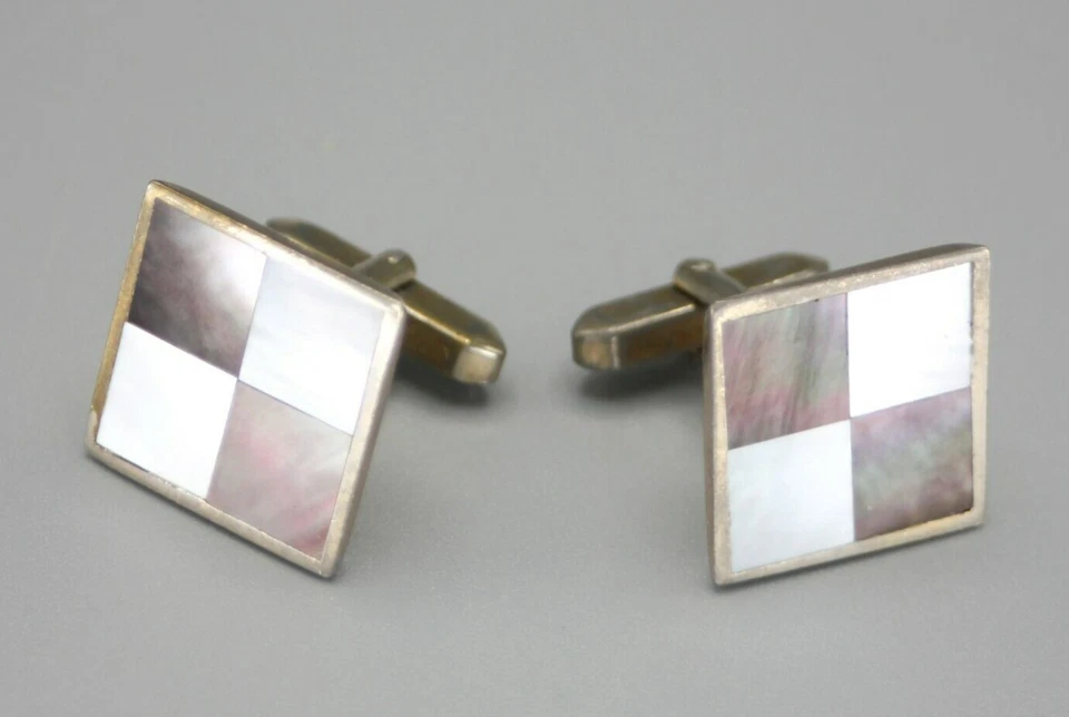 Gemelos de palanca a cuadros madreperla abulón plateado vintage gran regalo Foto 4 de 4