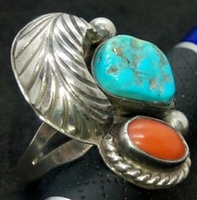Vintage Navajo Turquoise Coral Ring Sterling Silver Sz 6.5 Hand Made 7.31 g