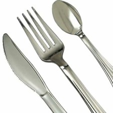 Reusable Plastic METALLIC CUTLERY SET Silver Disposable Strong Knives Spoon Fork