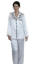  Womens Silk Satin Pajamas - PJ Set - White Black Pipping   '' 5 Day Delivery ''