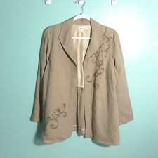 Coldwater Creek Blazer Jacket size 14 Petite 14P, Linen Embroidered Beige Pocket